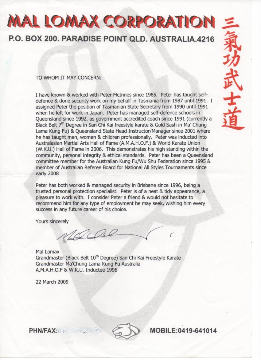 Soke Mal Lomax reference Soke Mal Lomax reference